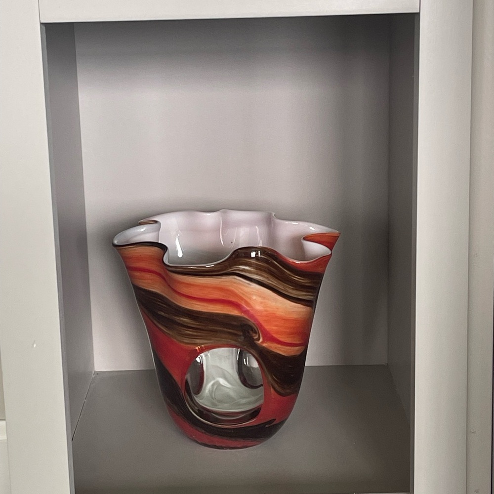 Blown glass wide mouth vase. Orange & brown hues.